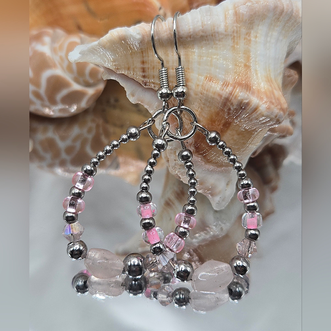 Chic Pink And Silver Beaded Hoop Earrings